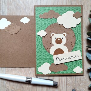 Carte Naissance bébé garçon. Nounours. Bleu. Fait main. Originale. Tendre et Moderne.