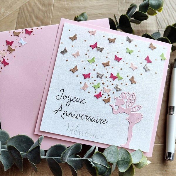 Carte Joyeux Anniversaire, Fée et Papillon, Rose, personnalisable, idéale pour fillette