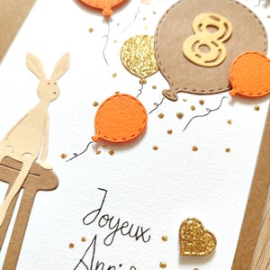 Carte Anniversaire enfant fille personnalisable, doudou/lapin ballons, mignon/cute idéale pour enfant, fait main. afbeelding 2