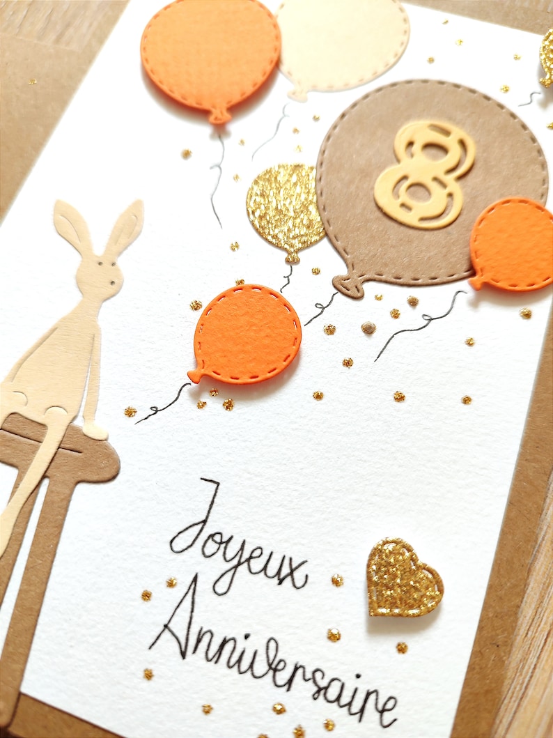 Carte Anniversaire enfant fille personnalisable, doudou/lapin ballons, mignon/cute idéale pour enfant, fait main. afbeelding 2