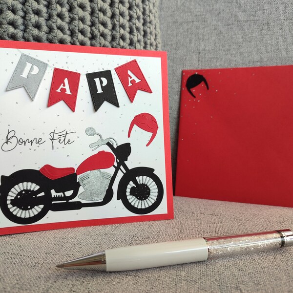 Carte Bonne Fête Papa, motard et moto, fait main, rouge et noir