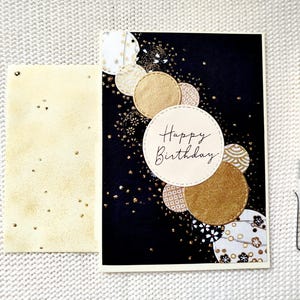 Carte Happy Birthday, or et noire, élégante. Homme et femme, fait main image 1