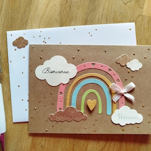 Carte Bienvenue de naissance nouveau né. Bebe. Fait main. Tons pastels et tendres. Carte personnalisable. Bebe fille et garçon. Arc en ciel