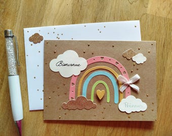 Carte Bienvenue de naissance nouveau né. Bebe. Fait main. Tons pastels et tendres. Carte personnalisable. Bebe fille et garçon. Arc en ciel