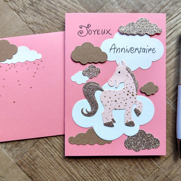 Carte Anniversaire, Bon Anniversaire, Licorne et Paillettes, rose, idéale pour fillette