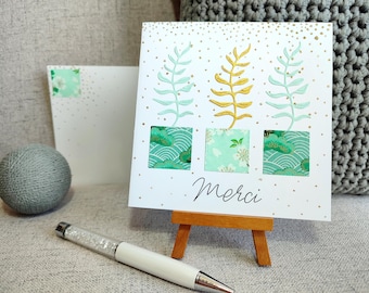 Carte remerciements. Merci. Tons pastels. Bleu, vert d'eau et vert. Tendre. Tendres pensées. Carte fait main. Jolie attention diy