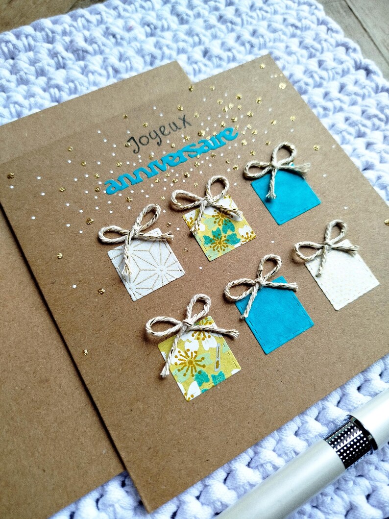 Carte Anniversaire enfant, femme et homme, fait main, bleu turquoise et anis, idéale enfant et adulte image 2