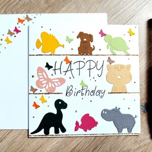 Carte Anniversaire Enfant, Animaux, idéale garçon et fille, fait main. Carte Happy Birthday animals. Carte chat, chien, poisson image 2