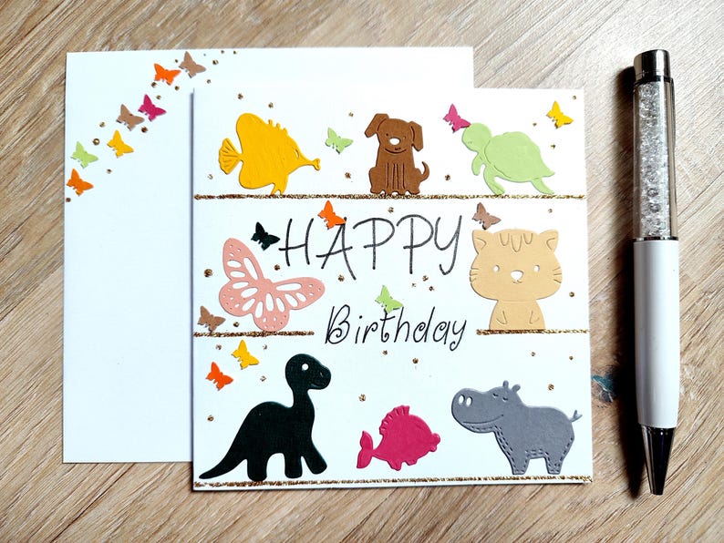 Carte Anniversaire Enfant, Animaux, idéale garçon et fille, fait main. Carte Happy Birthday animals. Carte chat, chien, poisson image 2