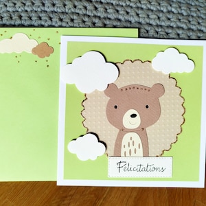 Carte félicitations. Naissance. Carte tendre. Vert et marron. Nounours. Fait main. Cadeau unique bébé. Arrivée baby
