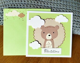 Carte félicitations. Naissance. Carte tendre. Vert et marron. Nounours. Fait main. Cadeau unique bébé. Arrivée baby