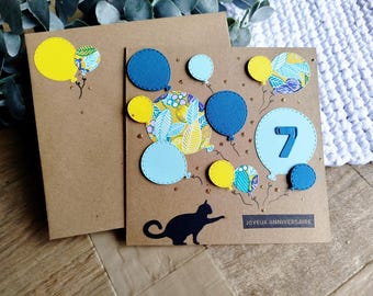Carte Anniversaire, bon anniversaire, Fait main, chat et ballons bleus/jaune, idéale anniversaire garçon ou fille