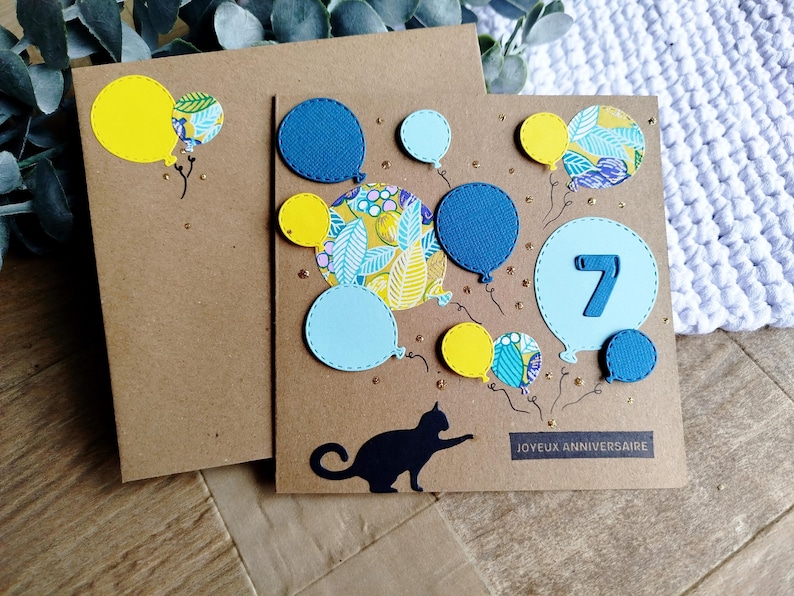 Carte Anniversaire, bon anniversaire, Fait main, chat et ballons bleus/jaune, idéale anniversaire garçon ou fille image 1