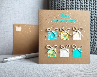 Carte Anniversaire enfant, femme et homme, fait main, bleu turquoise et anis, idéale enfant et adulte