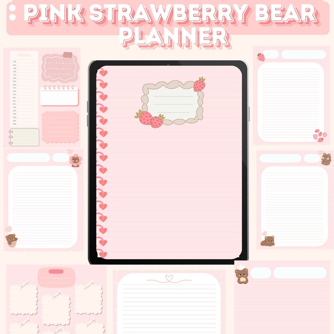 Pink Strawberry Bear Themed Digital Planner for Notability and ...