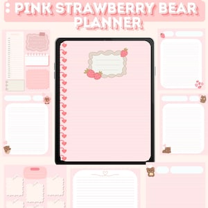 May include: A pink and white planner with a strawberry and bear theme. The planner has a digital tablet design with a pink background and white lines. The planner also includes several smaller sections for notes and lists.