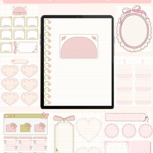 May include: Pink Coquette theme planner with a digital tablet, hearts, bows, and various frames and labels. The planner is designed for organizing and planning.