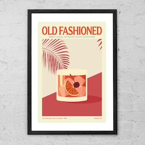 Cóctel a la antigua - Impresión artística - Ilustración de póster de alcohol - Arte de cócteles retro - Decoración de bar y cocina - Regalo de cóctel - Póster de cócteles
