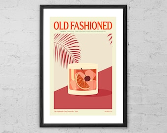 Old Fashioned Cocktail Art Print: Retro Bar Kitchen Decor