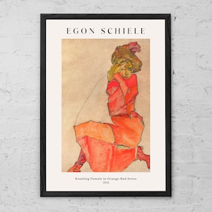 Kneeling Female in Orange Red Dress - Egon Schiele - Art Print - Home Decor - Modern Art - Expressionist Portrait Painting - Abstract Art