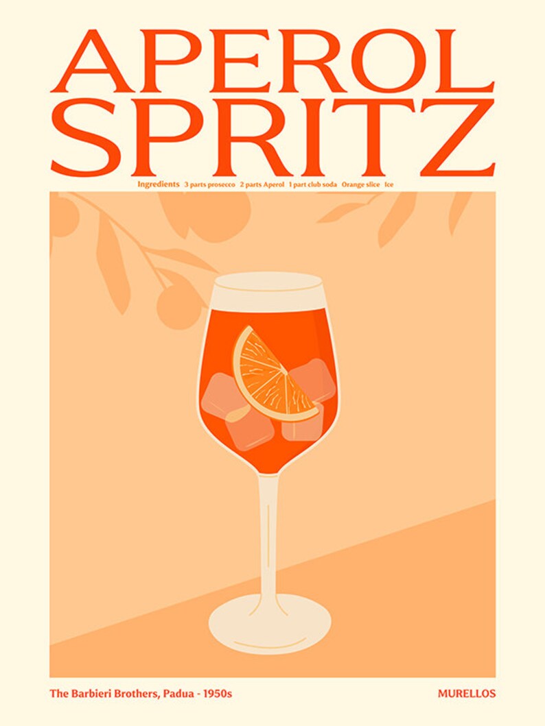 May include: An illustration of an Aperol Spritz cocktail in a stemmed glass with an orange slice and ice cubes. The text "APEROL SPRITZ" is at the top of the image. The text "Ingredients: 3 parts prosecco 2 parts Aperol 1 part club soda Orange slice Ice" is below the image. The text "The Barbieri Brothers, Padua - 1950s" is at the bottom left of the image. The text "MURELLOS" is at the bottom right of the image.