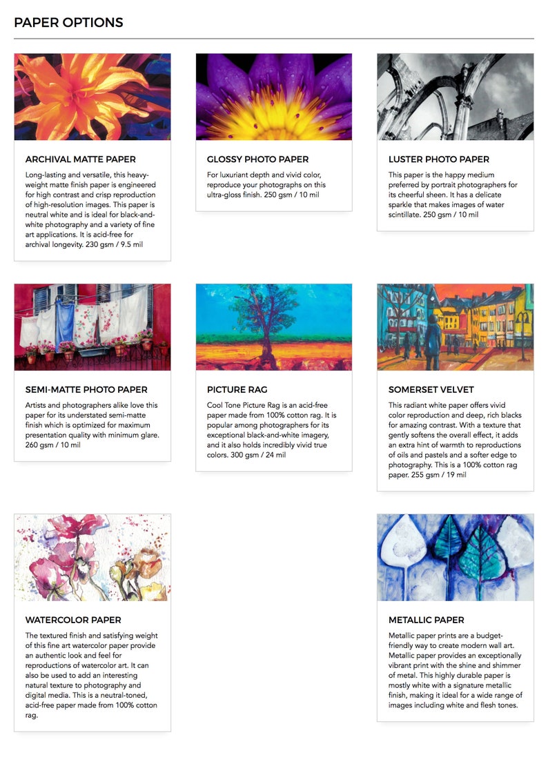 May include: A collage of nine different paper types for artists and photographers. Each paper type is shown with a sample image printed on it. The paper types include Archival Matte, Glossy Photo, Luster Photo, Semi-Matte Photo, Picture Rag, Somerset Velvet, Watercolor, and Metallic.