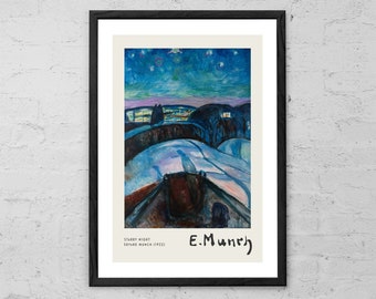 May include: A framed print of a painting by Edvard Munch titled "Starry Night". The painting depicts a snowy landscape with a city in the distance and a starry night sky. The artist's signature, "E. Munch", is in the bottom right corner.