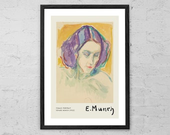 May include: A watercolor painting of a woman's face with a purple and blue head covering. The background is a yellow-orange color. The painting is signed "E. Munch" and titled "Female Portrait, Edvard Munch (1922)".
