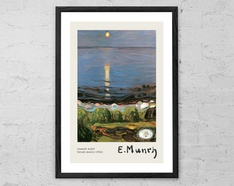 May include: A painting of a summer night seascape with a full moon and a reflection of the moon in the water. The painting is by Edvard Munch and is titled "Summer Night".