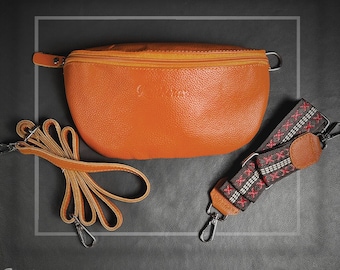 Leatherax Leather Bum Bag Orange With 2 Straps, Italian Leather Hip Bag, Leather Fanny Pack, Leather Waist Bag, Crossbody Sling Bag
