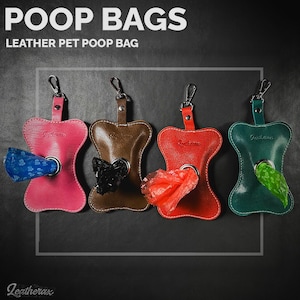 May include: Four leather pet poop bag holders in pink, brown, red, and green, each with a silver clip and a roll of waste bags. The holders are bone-shaped with the word "Leatherax" embossed on them. The text "POOP BAGS" is at the top.