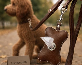 Leather Dog Poop Bag Holder, Bone Shape Waste Bag Dispenser with Clip, Pet Poo Bag Carrier for Leash, Dog Walking Accessory