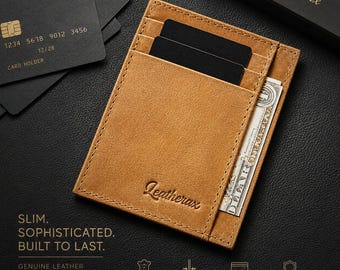 Genuine Leather Card Holder Wallet, Brown Slim Card Case with Cash Pocket, Minimalist Mens Wallet, Gift for Him