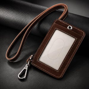 Può includere: Un porta badge in camoscio marrone scuro con una finestra in plastica trasparente, un occhiello in metallo argentato sulla parte superiore e un cordino da collo in camoscio abbinato con cuciture bianche a contrasto. Un moschettone in metallo è fissato.