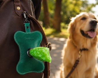 Genuine Leather Dog Poop Bag Holder, Pet Waste Bag Dispenser, Bone Shape Dog Walking Pouch, Clip On Leash Bag Holder, Dog Gift