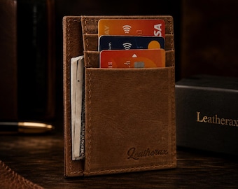 Leather Card Holder Wallet, Slim Genuine Leather Wallet for Men, Brown Minimalist Card Case, Front Pocket Wallet, Gift for Him