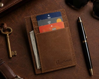 Genuine Leather Card Holder Wallet, Slim Brown Leather Wallet, Mens Minimalist Card Case, Cash Pocket, Handmade Leather Gift