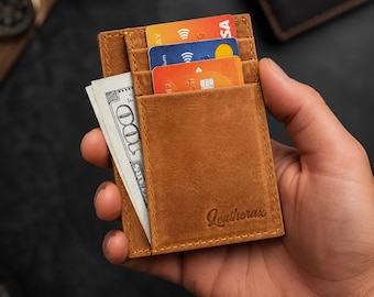 Slim Leather Wallet for Men, Brown Front Pocket Card Holder, Minimalist Credit Card Wallet, Cash Holder, Leather Gift for Him