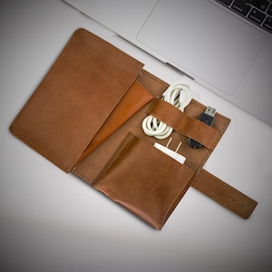 Cable Organizer Travel, Leather Cable and Charger Organizer Bag, Handmade Tech Organizer, Electronics Travel Organizer, Tech Pouch,Storage