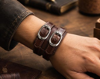 Brown Leather Double Buckle Cuff Bracelet, Adjustable Wide Wristband, Biker Gift for Him