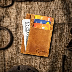 Porte-cartes mince en cuir personnalisé, portefeuille en cuir véritable minimaliste fait main, cadeau pour lui, porte-cartes de crédit avec poche pour argent Rfid