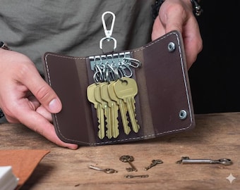 Genuine Cow Leather Key Case, Handmade Leather Key Holder for Men, Key Organizer Wallet, Car Key Fob Case, Gift for Him
