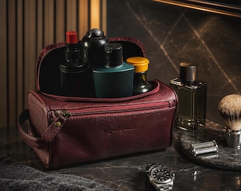 Genuine Leather Toiletry Bag for Men, Burgundy Dopp Kit, Travel Wash Bag with Zipper Pockets, Groomsmen Gift, Grooming Organizer