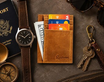 Genuine Leather Card Holder Wallet, Slim Brown Card Wallet, Minimalist Men’s Wallet, Cash & Coin Holder, Rfid Gift for Him