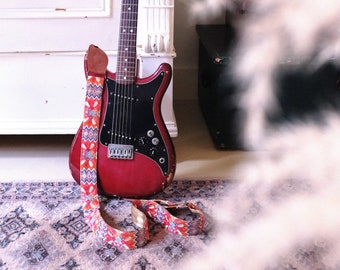 Handmade Guitar Strap Leather patches for Bass Electric Acoustic Guitars guitarist gift indin silk emboirdery CORAL PINK