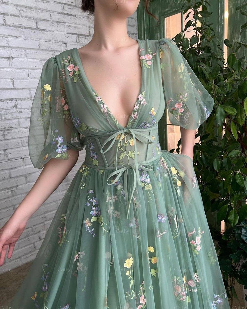 Floral Fairy Gown Embroidered Prom Dress V Neck Prom Dress Etsy
