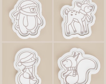 Christmas Animals Cookie Cutters: Bear, Fox, Deer, Squirrel