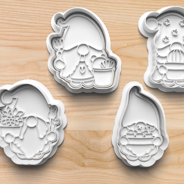 Gnome Cookie Cutter & Stamp | Garden Gnomes | Gnomes with Plants, Cactus, Succulent | Desert Gnomes | Clay Mold | Biscuit Cutter | Fondant
