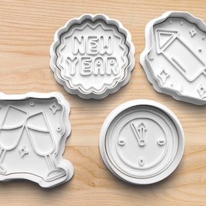 New Years Party Cookie Cutters with Stamps || Fondant Embosser || Polymer Clay Cutter || Cookie Press || Baking Mold || Cookie Embosser