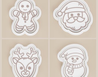 May include: Four white Christmas-themed cookie cutters: a gingerbread man, Santa Claus, a reindeer head, and a snowman wearing a scarf. Each cutter has a detailed outline and a raised edge for easy use.